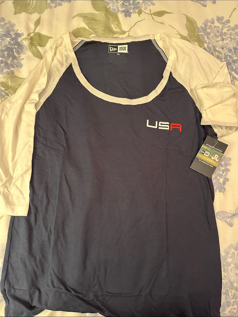 New Era Navy and White USA Raglan Long Sleeve Tee
